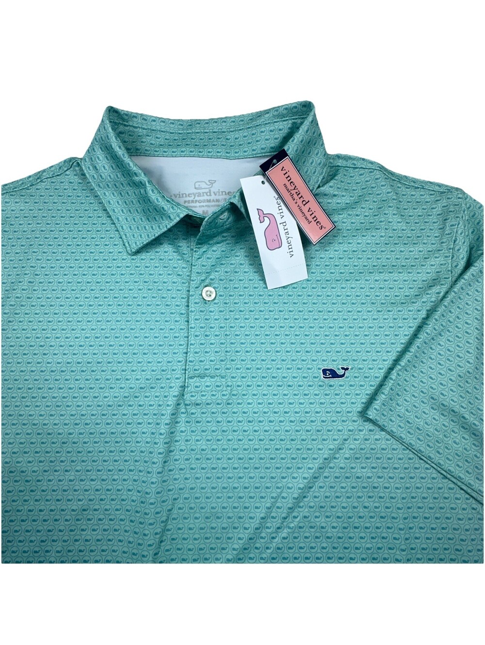 NWT $80 Vineyard Vines Performance Golf Polo Whale Dot Micro AOP Aqua Mens sz M